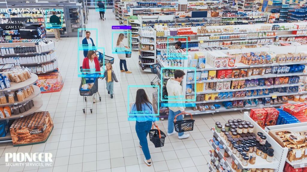 An overhead view of a supermarket aisle showing multiple shoppers. The image is overlaid with an augmented reality or AI tracking system, displaying blue and purple bounding boxes around the customers with labels like "Customer," "Total," and "Alimenta," indicating real-time object detection and analysis.