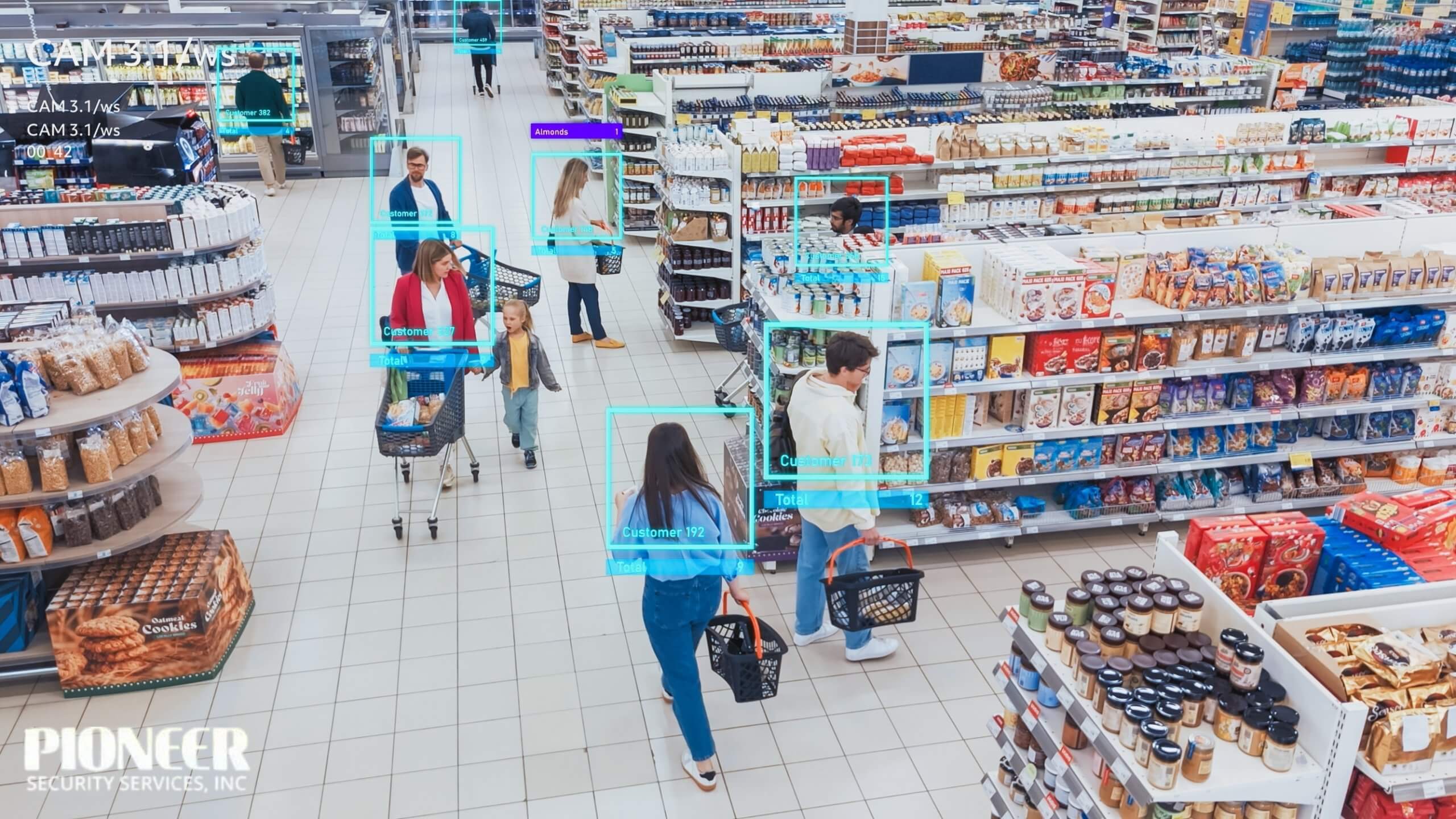 An overhead view of a supermarket aisle showing multiple shoppers. The image is overlaid with an augmented reality or AI tracking system, displaying blue and purple bounding boxes around the customers with labels like "Customer," "Total," and "Alimenta," indicating real-time object detection and analysis.