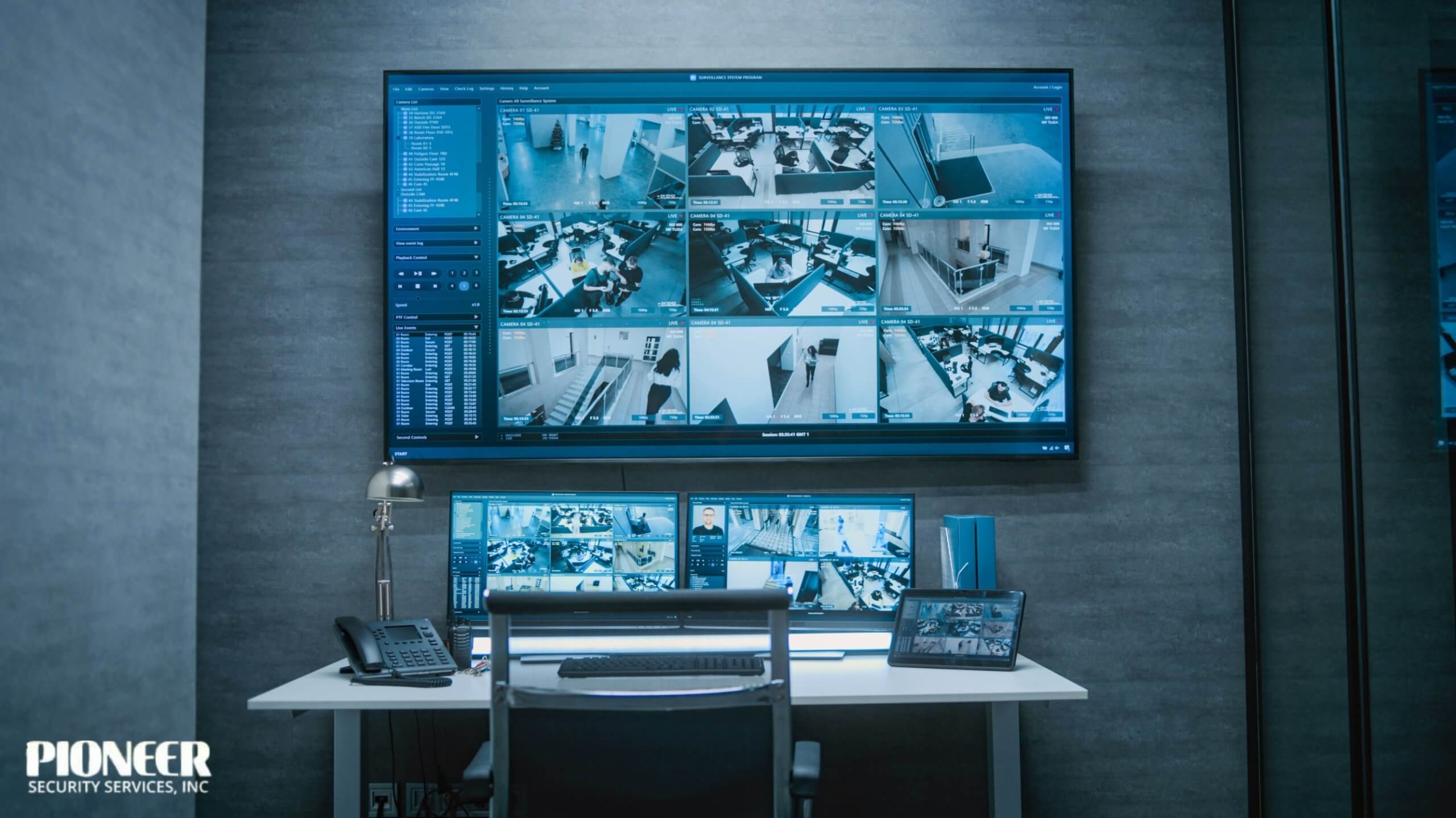 A wide shot of a modern security monitoring station in an office setting. A large, wall-mounted screen displays a grid of surveillance video feeds from open-plan offices and stairwells, with two smaller desktop monitors and a tablet displaying additional feeds and controls on the desk below.