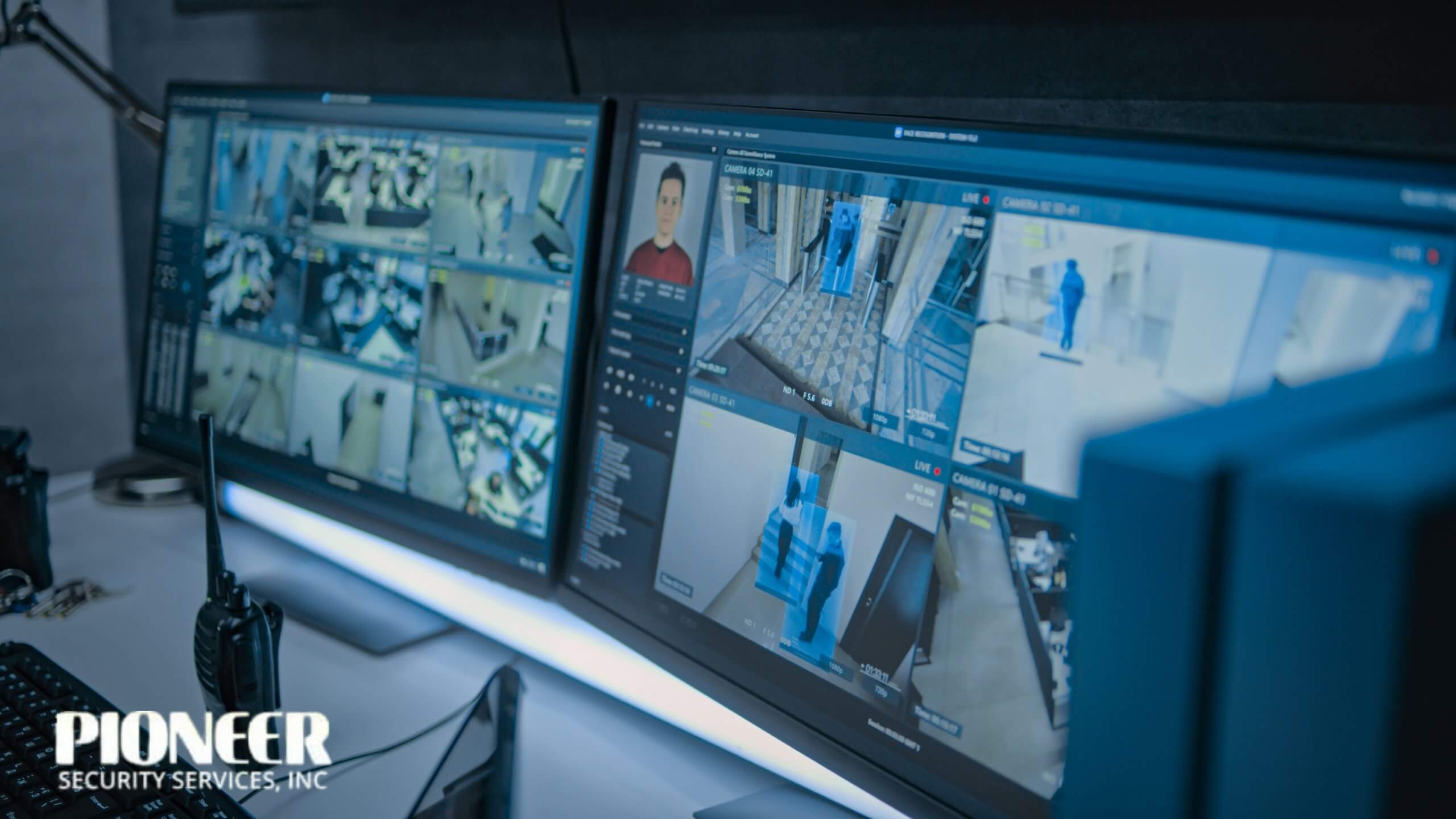 A close-up view of two computer monitors in a security control room. The screens display multiple live surveillance feeds from an office environment, featuring AI-powered person detection with bounding boxes, facial recognition on one corner, and security data. A two-way radio is visible on the desk.