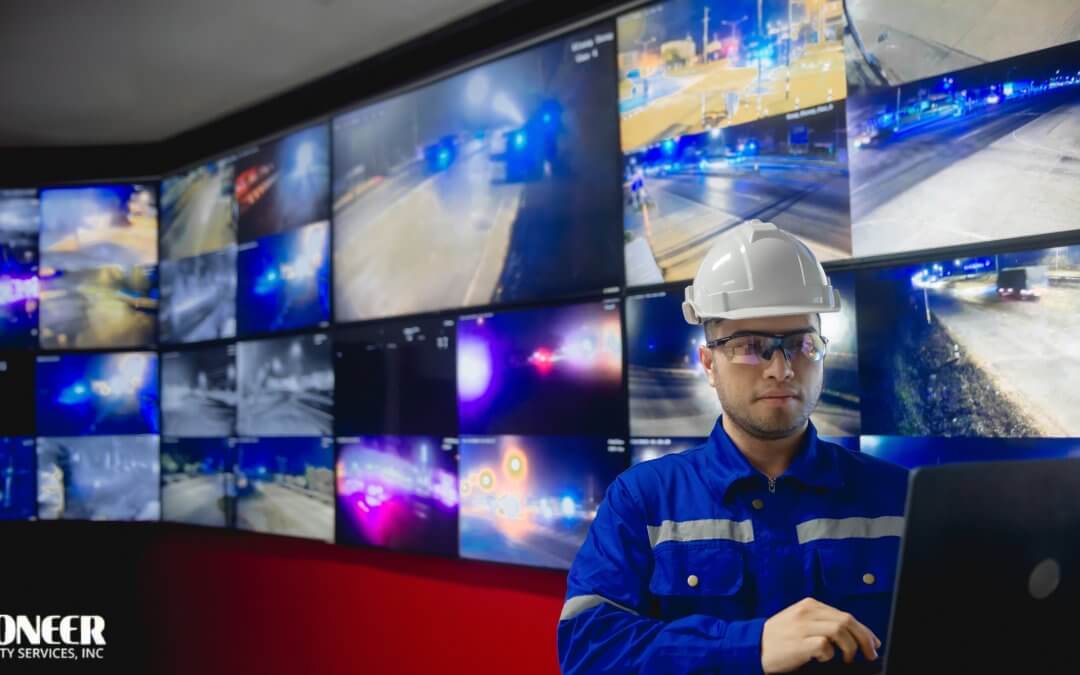 A man in a blue jumpsuit, white hard hat, and safety glasses works on a laptop in a control room. Behind him, a massive video wall displays a grid of low-light, blue-tinted surveillance footage of highways and city streets at night.