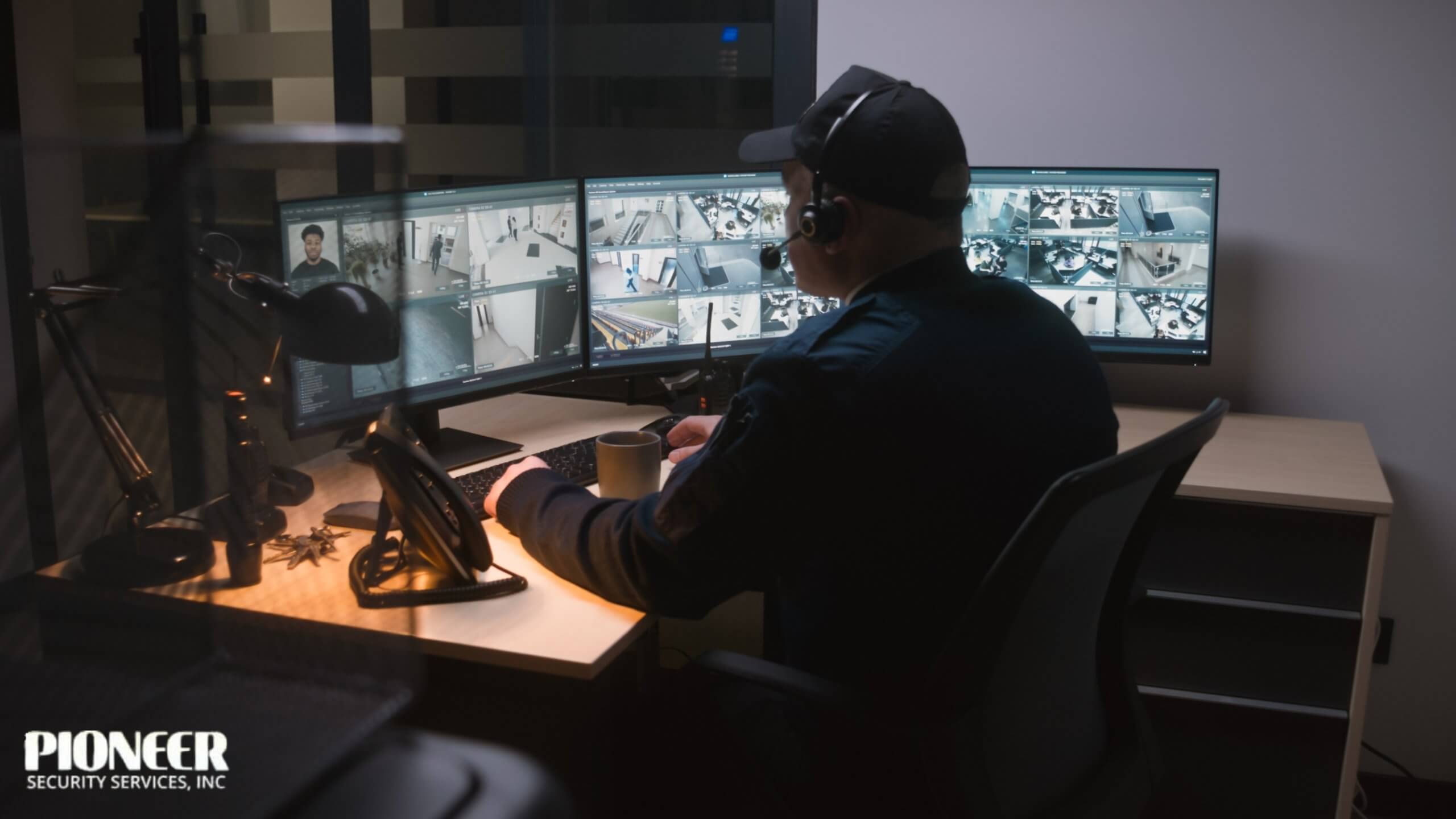 An over-the-shoulder view of a security guard, wearing a dark uniform, cap, and headset, working at a desk in a dimly lit office. He is monitoring three computer monitors that display live video feeds from multiple surveillance cameras in an office or commercial building.