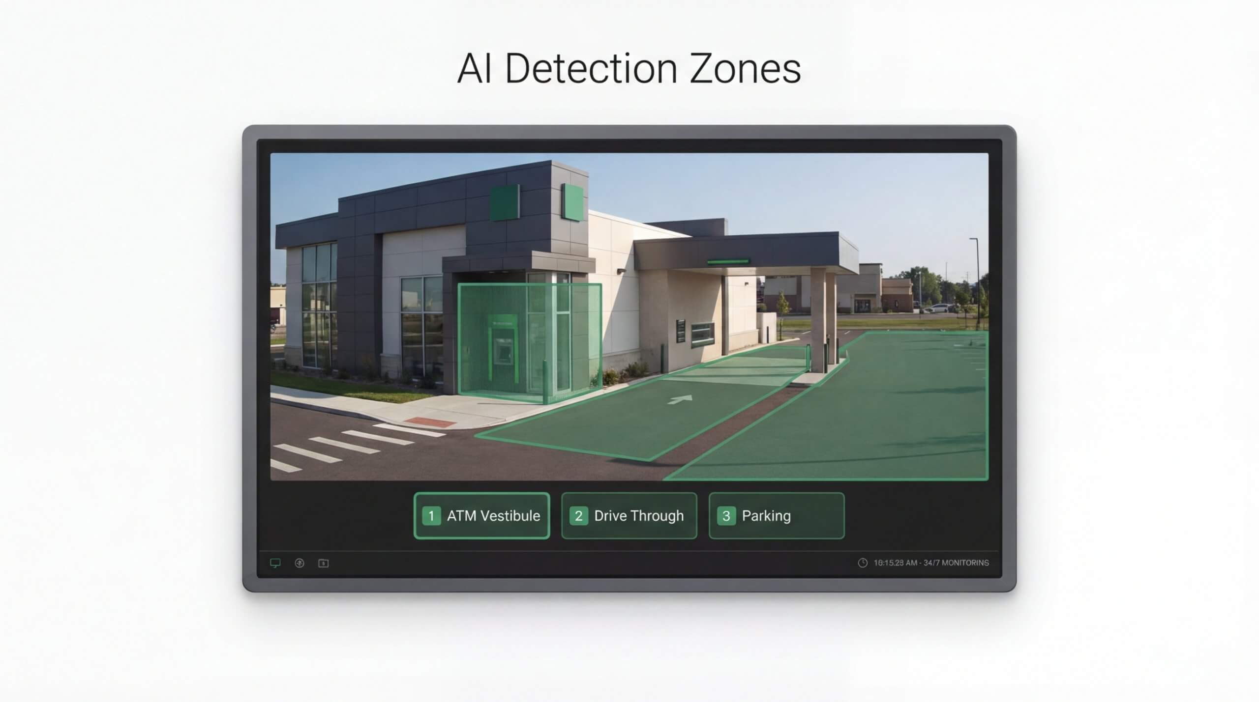 Advanced bank security system for 2026 showing AI detection zones for an ATM vestibule, drive-through lane, and parking lot to provide 24/7 proactive monitoring and financial institution protection.