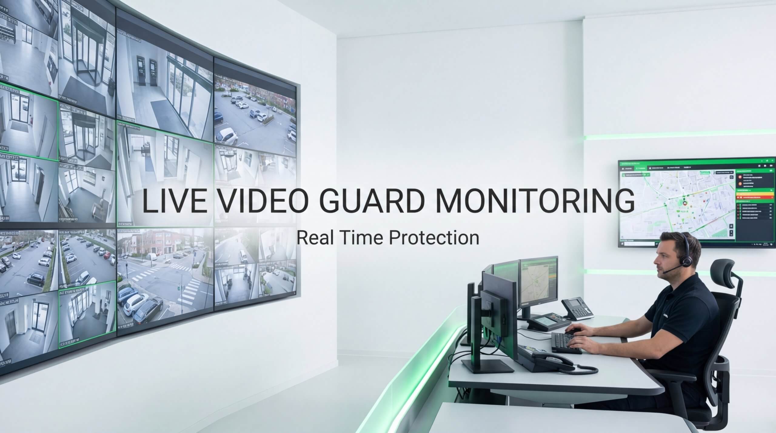 A high-tech live video guard monitoring station for 2026 real-time protection, featuring a professional security operator at a command desk with multiple CCTV surveillance feeds and GPS tracking maps.