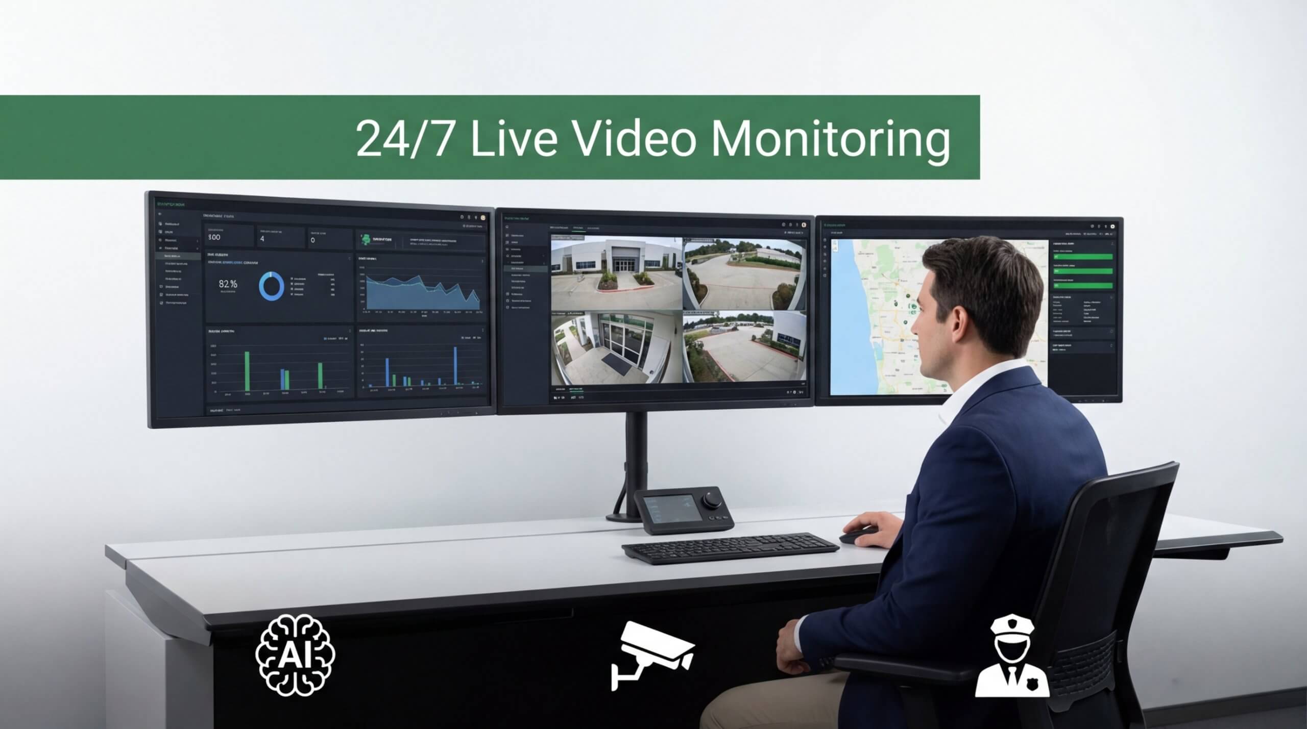 A professional security command center for 2026 providing 24/7 live video monitoring, featuring an operator using AI-integrated analytics, real-time camera surveillance, and GPS mapping to secure commercial properties.