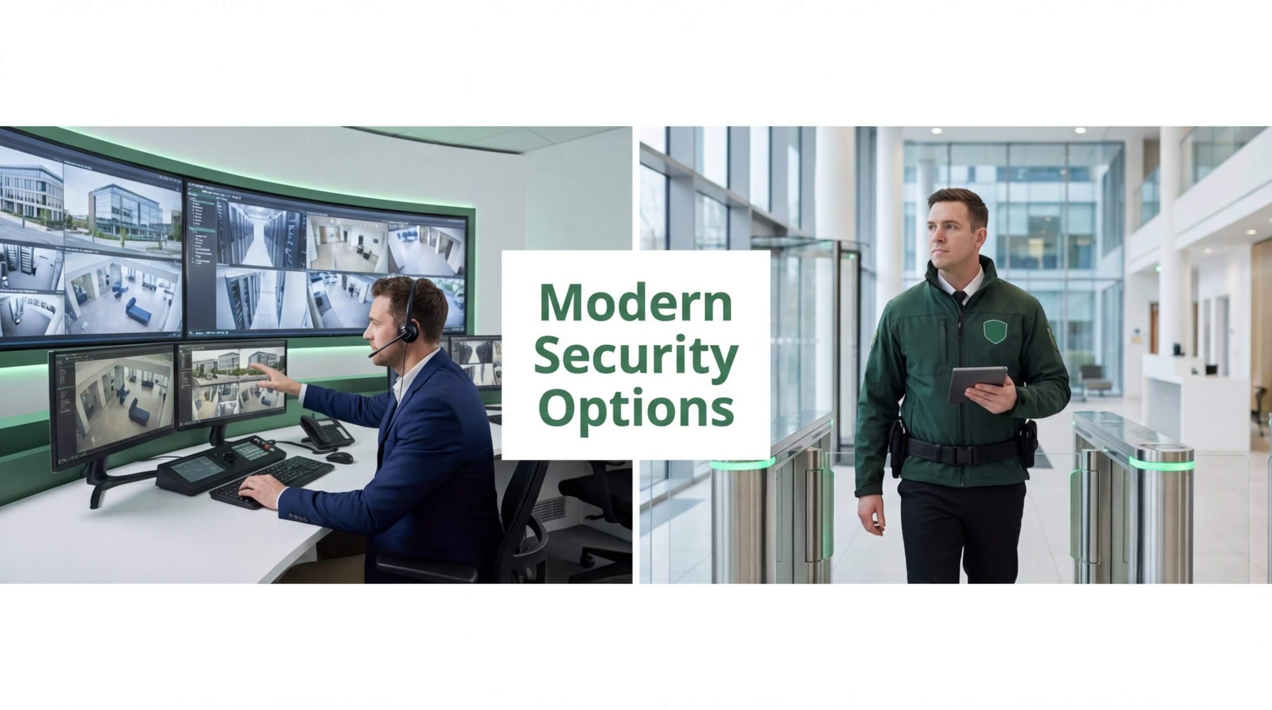 Split-screen image titled "Modern Security Options." The left side shows a security operator with a headset monitoring multiple CCTV feeds on large screens. The right side shows a physical security guard with a tablet walking through a modern office building entrance.
