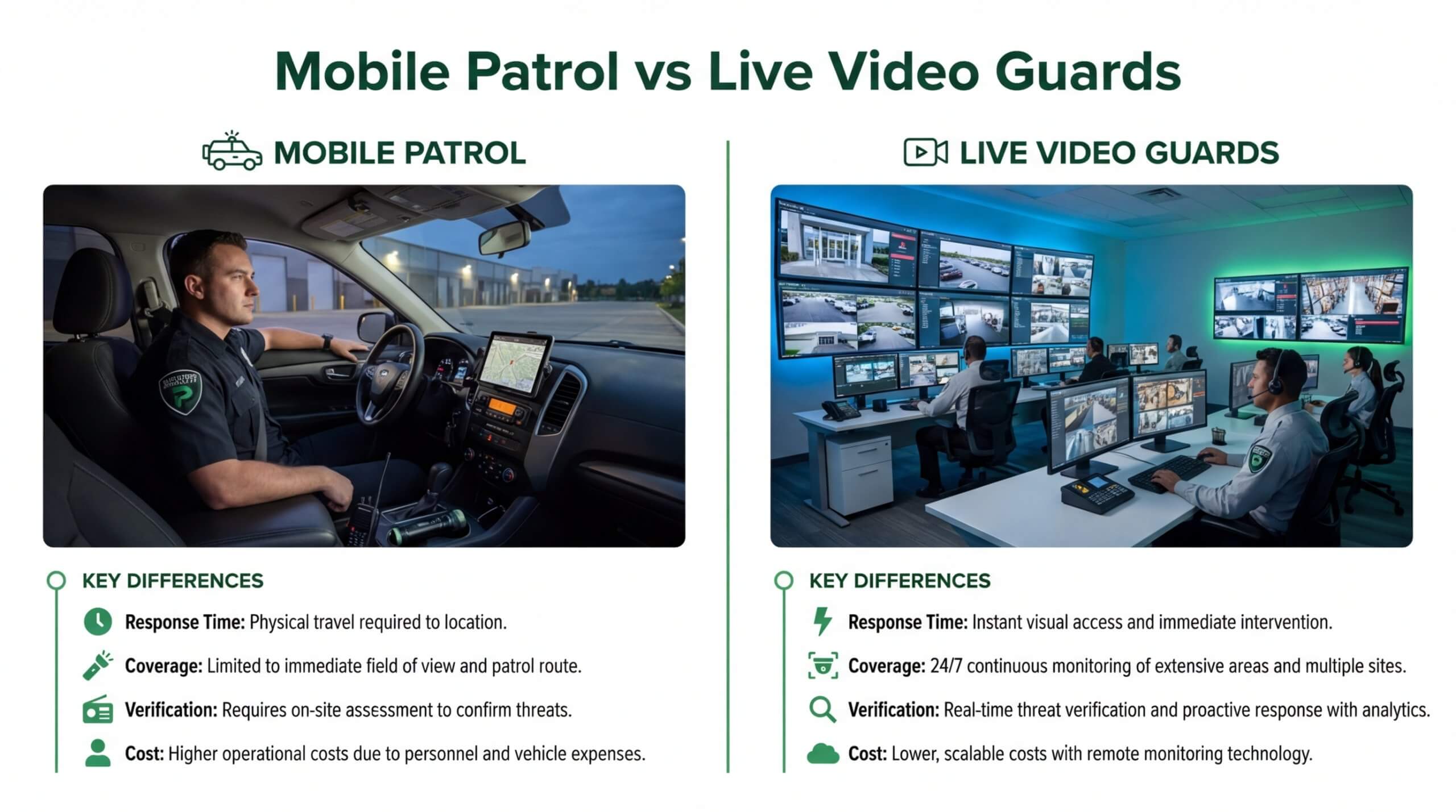A side-by-side comparison infographic. The left side shows a mobile patrol officer in a vehicle with limited coverage and higher costs. The right side shows a high-tech command center with live video guards providing instant intervention, 24/7 continuous monitoring, and lower scalable costs via remote technology.
