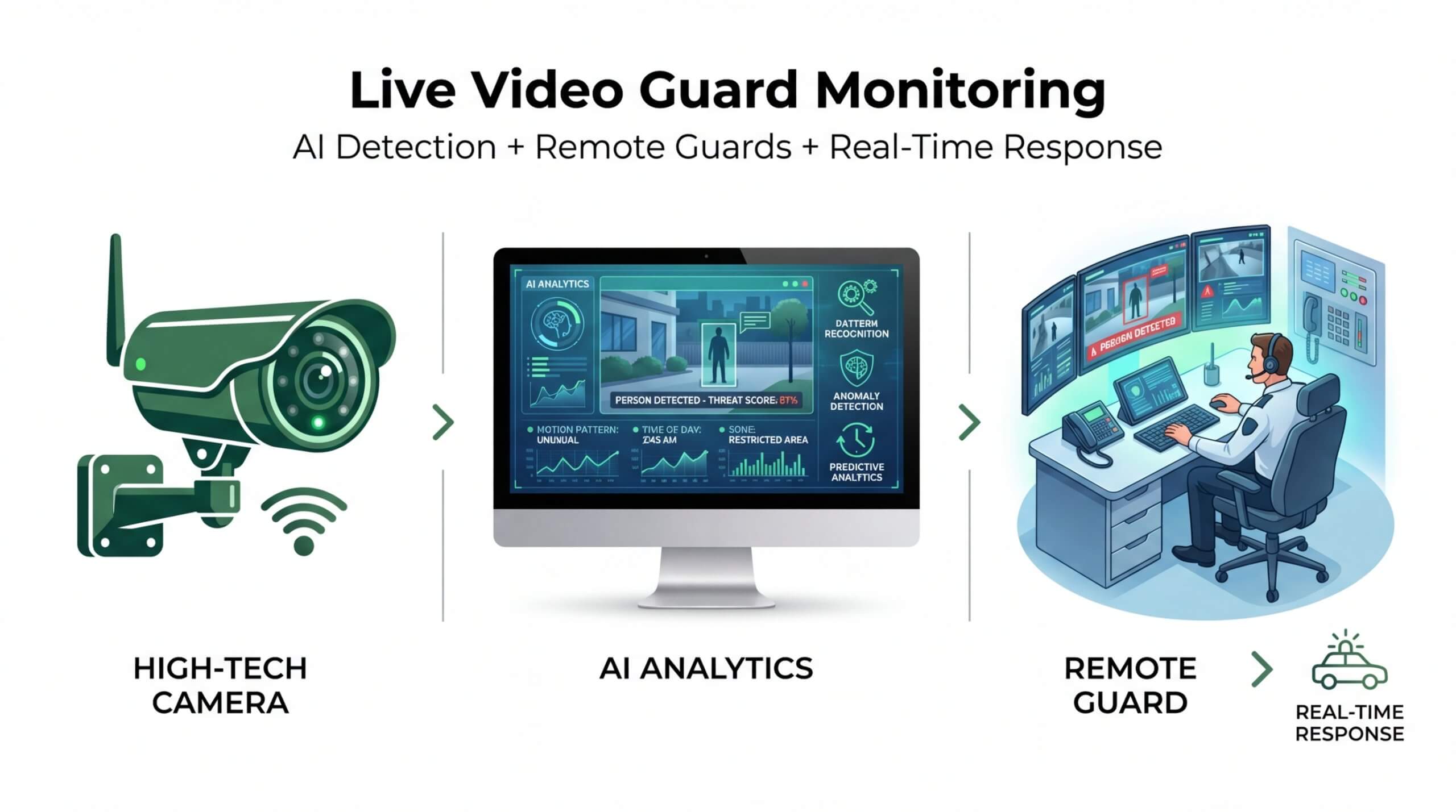 Integrated live video guard monitoring system for 2026, combining high-tech surveillance cameras with AI analytics for anomaly detection and professional remote guards for real-time emergency response.