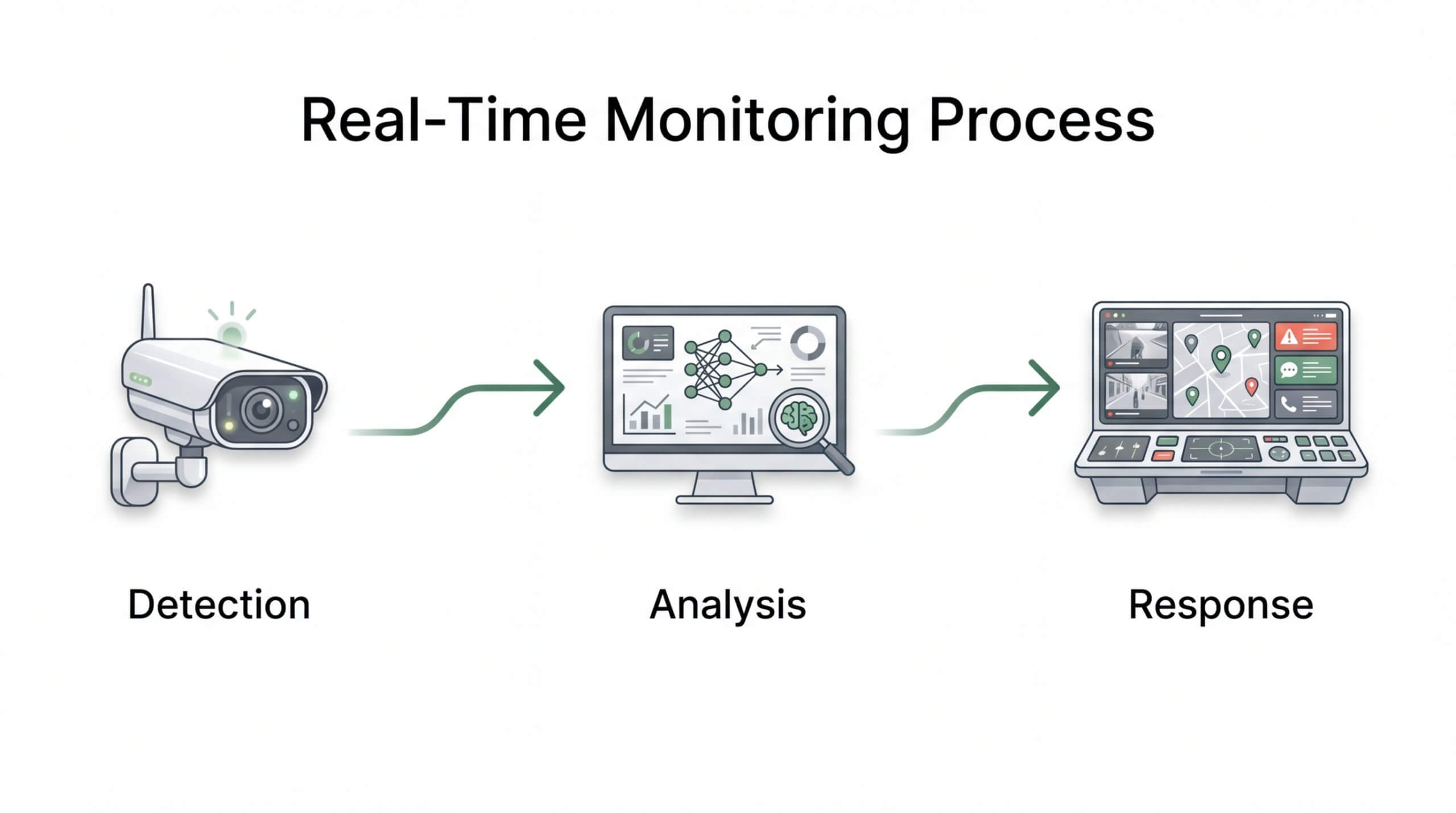 A three-stage real-time monitoring process for 2026 security systems, illustrating AI-enabled detection via smart cameras, neural network data analysis, and immediate human response through a centralized security dashboard.