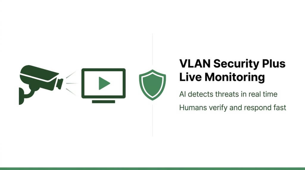 VLAN Security Plus Live Monitoring graphic showing an AI security camera system detecting threats in real time with human verification.