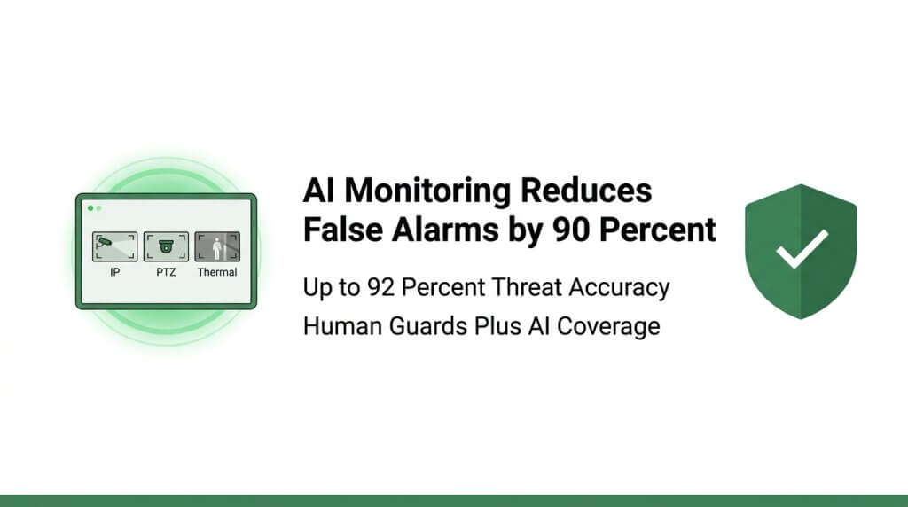 Infographic showing how AI monitoring reduces false alarms by 90 percent and achieves up to 92 percent threat accuracy, featuring security camera dashboard graphics (IP, PTZ, Thermal) and a green checkmark shield.