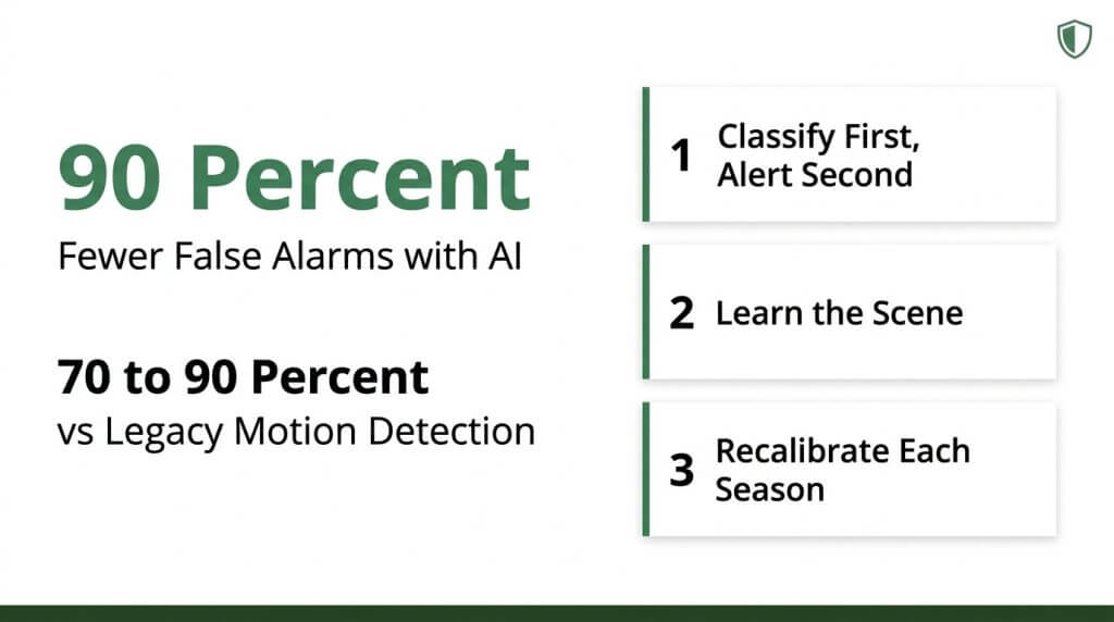 Infographic showing a 90 percent reduction in false alarms using AI security cameras compared to legacy motion detection, with calibration tips: classify first, learn the scene, and recalibrate seasonally.