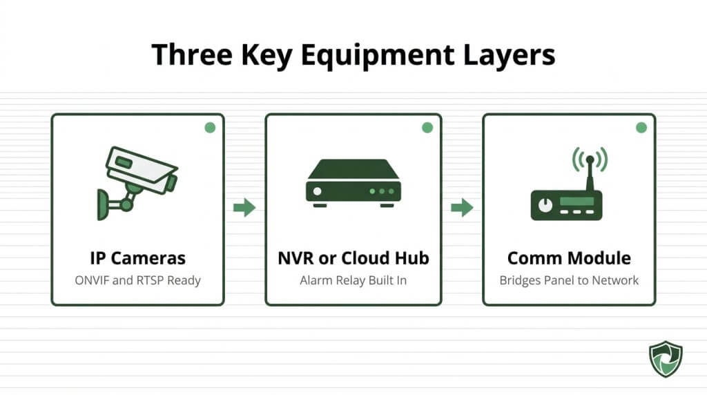 Infographic diagram illustrating the three key equipment layers for security camera and alarm integration: IP Cameras, NVR or Cloud Hub, and Comm Module.