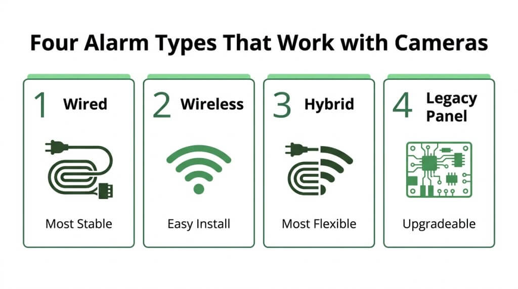 Infographic showing 4 alarm system types compatible with security cameras: Wired, Wireless, Hybrid, and Legacy Panel.