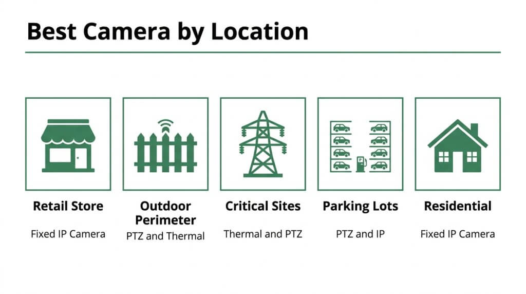 Infographic guide titled "Best Camera by Location" illustrating recommended security camera types (Fixed IP, PTZ, Thermal) for retail stores, outdoor perimeters, critical sites, parking lots, and residential properties.
