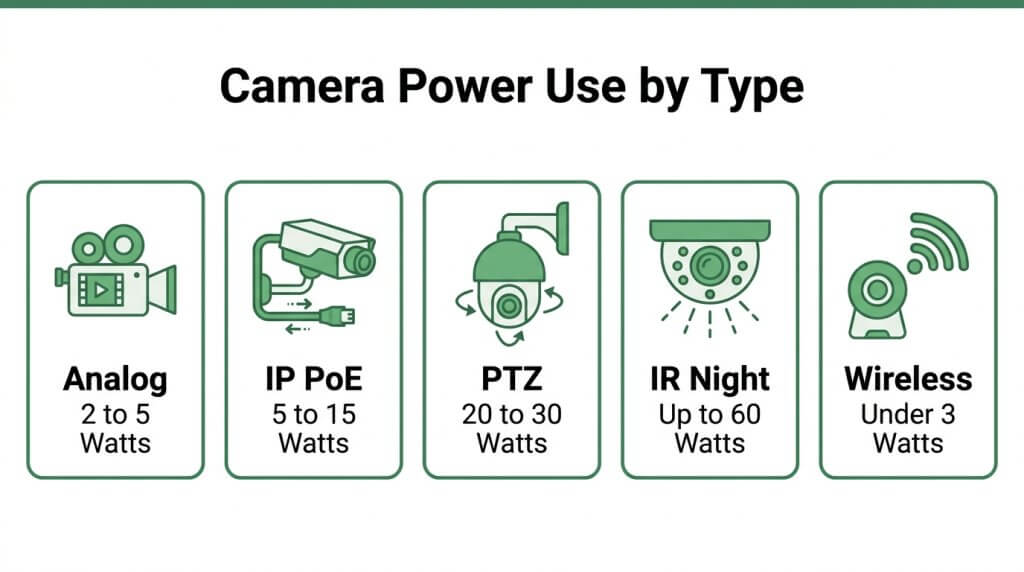Infographic chart showing security camera power consumption by type, comparing the wattage of Analog, IP PoE, PTZ, IR Night, and Wireless CCTV cameras.