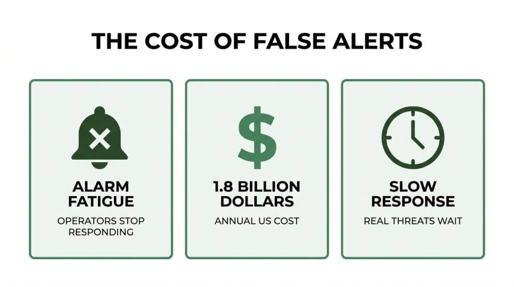 Infographic outlining the cost of false alerts, detailing consequences like operator alarm fatigue, a 1.8 billion dollar annual US cost, and slow emergency response times.