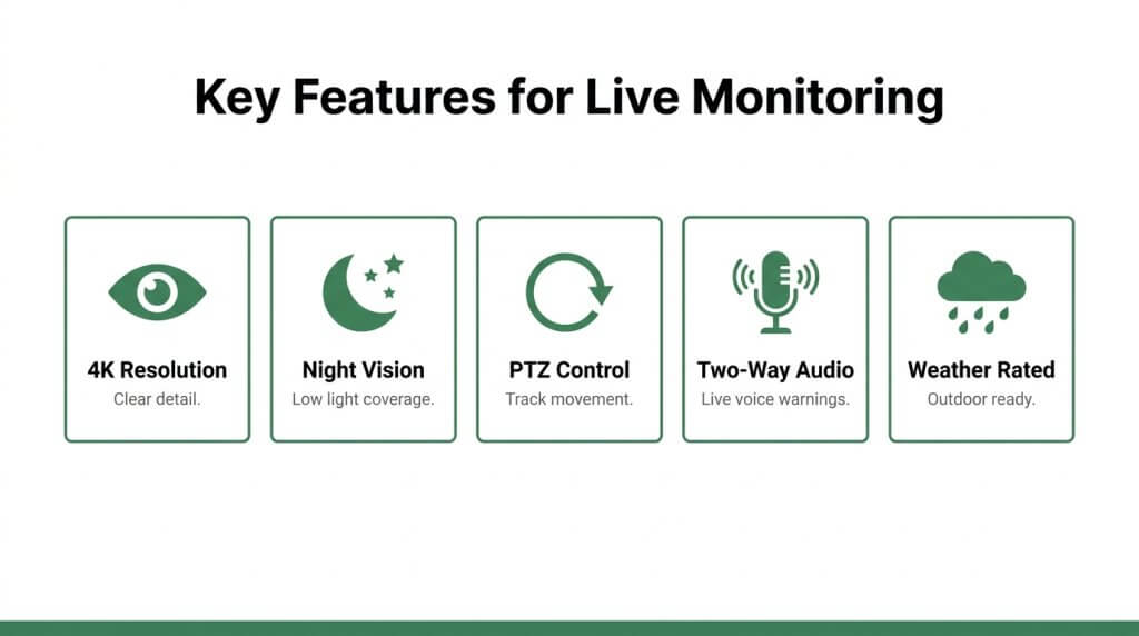 Infographic displaying key features for live monitoring, including 4K resolution, night vision, PTZ control, two-way audio, and weather rating.