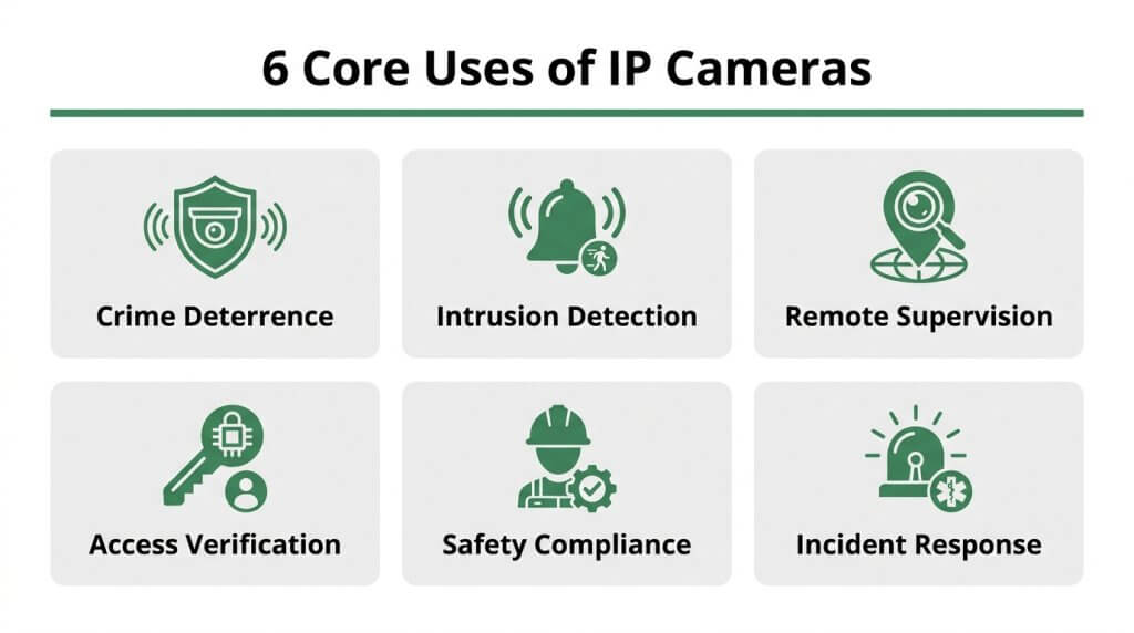 Infographic highlighting 6 core uses of IP cameras including crime deterrence, intrusion detection, and remote supervision.