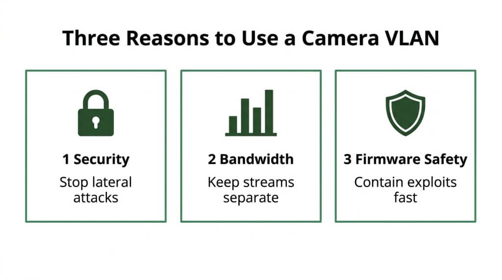 Infographic highlighting three key reasons to use a camera VLAN: security to stop lateral attacks, bandwidth optimization to keep streams separate, and firmware safety to contain exploits.