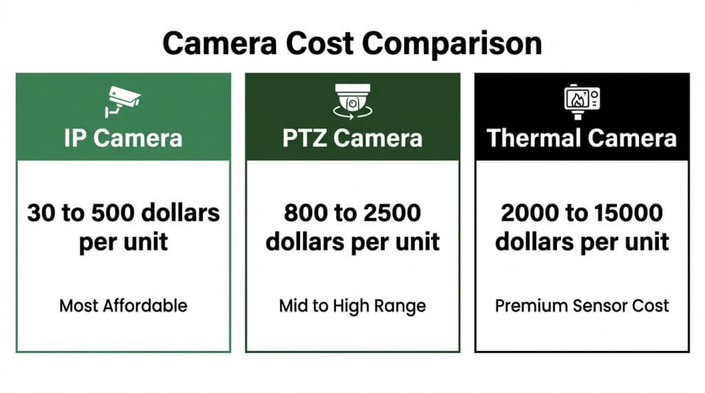 Option 1 (Concise & Core-Focused - Recommended): Security camera cost comparison chart showing price ranges per unit for IP cameras, PTZ cameras, and thermal cameras.
Option 2 (Keyword-Rich): Surveillance camera price comparison infographic detailing unit costs for affordable IP cameras, mid-range PTZ cameras, and premium thermal cameras.