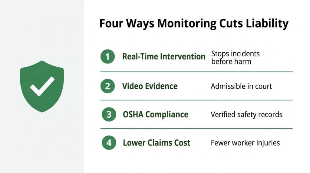 Infographic detailing 4 ways live video monitoring cuts employer liability: Real-Time Intervention, Video Evidence, OSHA Compliance, and Lower Claims Cost.