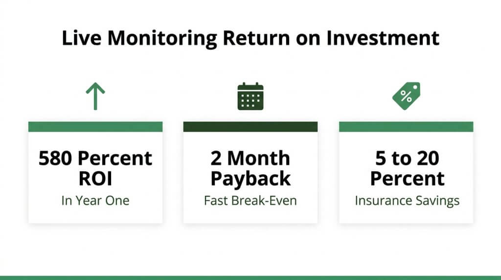 Infographic showing the return on investment for live monitoring, featuring a 580 percent ROI in year one, a 2-month payback break-even period, and 5 to 20 percent insurance savings.