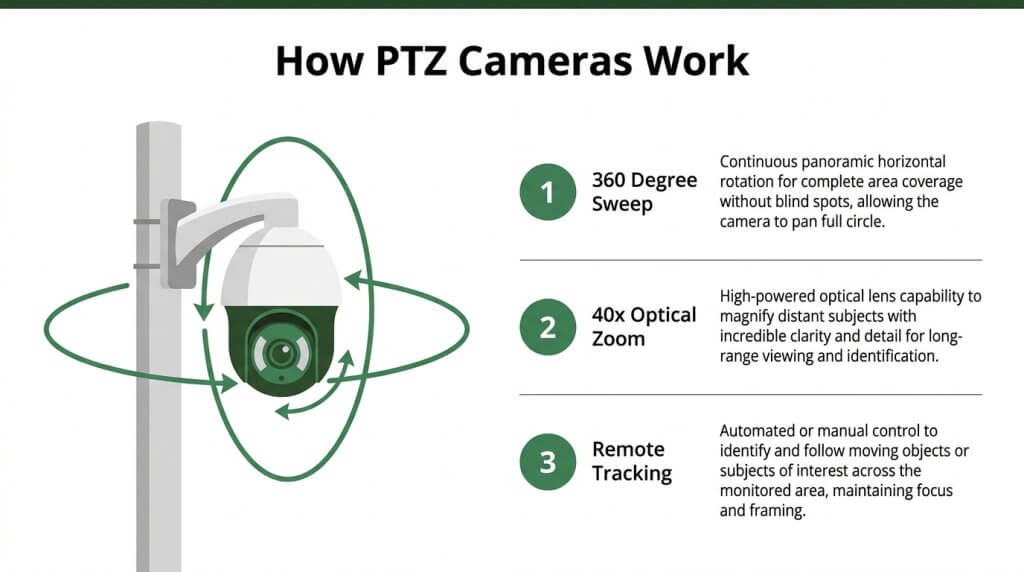 Option 1 (Concise & Core-Focused - Recommended): Infographic explaining how PTZ cameras work, highlighting 360-degree sweep, 40x optical zoom, and remote tracking features.
Option 2 (Keyword-Rich): PTZ security camera features diagram showing panoramic 360 rotation, high-powered 40x optical zoom, and automated remote tracking.