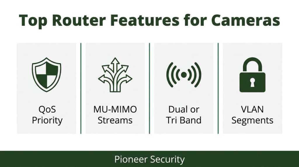 Infographic displaying the top router features for security cameras by Pioneer Security, highlighting QoS Priority, MU-MIMO Streams, Dual or Tri Band, and VLAN Segments.