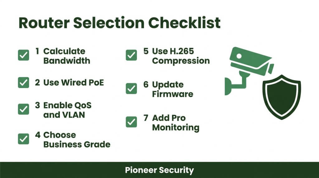 Router selection checklist infographic for security cameras by Pioneer Security, listing 7 essential steps including PoE, QoS, VLAN, and H.265 compression.