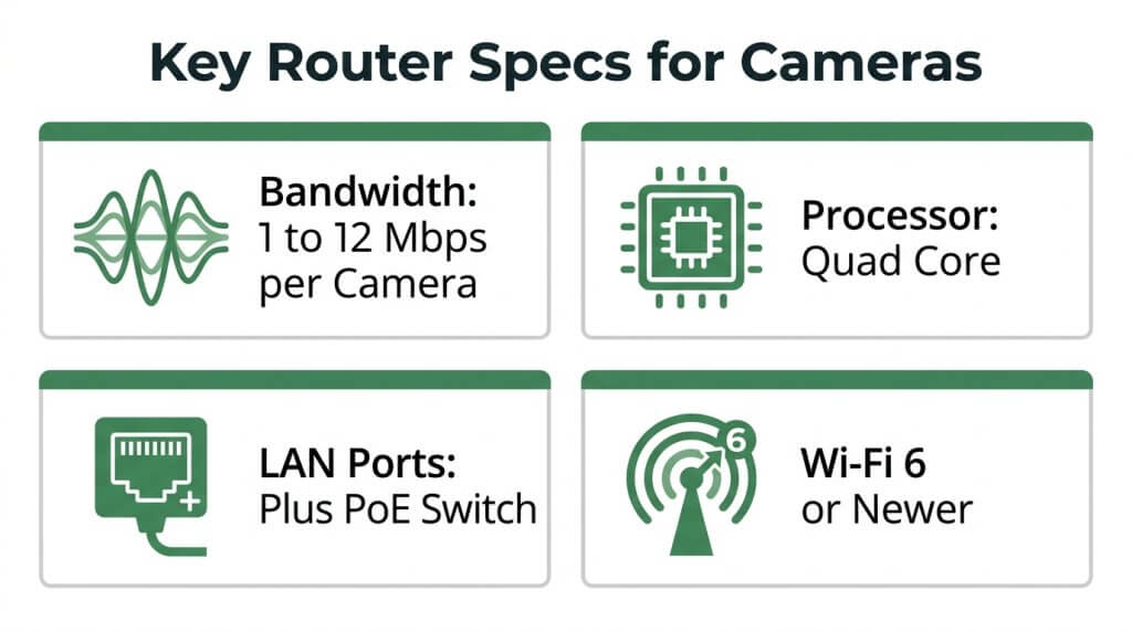 Infographic showing key router specs for security cameras, detailing bandwidth needs of 1 to 12 Mbps per camera, a quad-core processor, LAN ports with a PoE switch, and Wi-Fi 6 or newer.