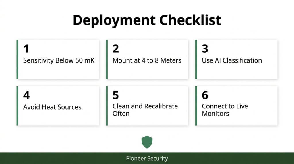 Thermal camera deployment checklist infographic by Pioneer Security, detailing six installation steps including sensitivity below 50 mK, 4 to 8 meters mounting height, and AI classification.