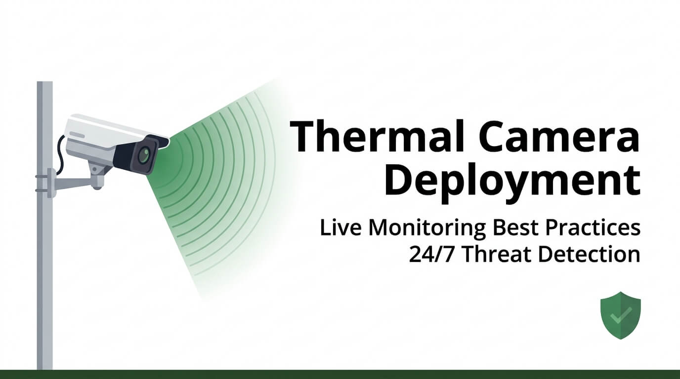 Graphic banner for thermal camera deployment and live monitoring best practices, featuring a pole-mounted security camera emitting a green thermal detection beam for 24/7 threat detection.
