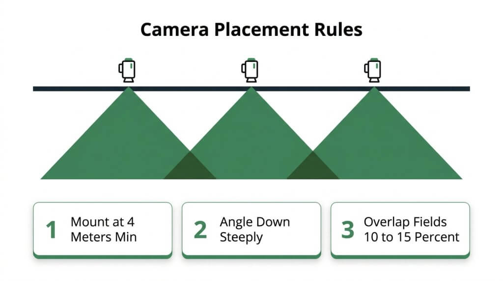 Infographic diagram showing security camera placement rules: mount at 4 meters minimum, angle down steeply, and overlap fields of view by 10 to 15 percent.
