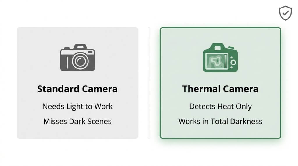 Infographic comparing a standard camera vs a thermal camera, highlighting that thermal cameras detect heat and work in total darkness.