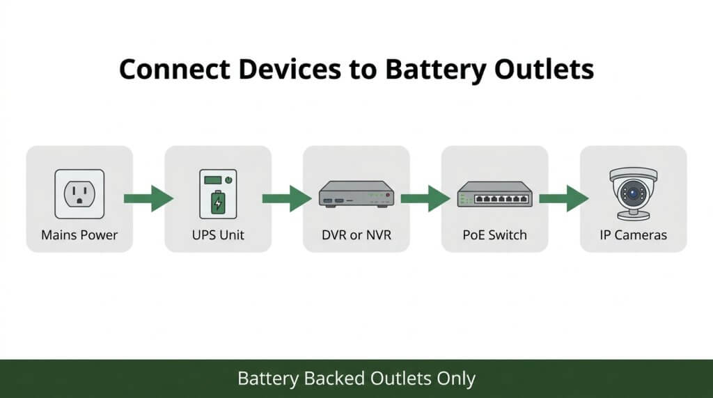 Diagram showing the power connection flow for a security camera system using a UPS battery backup, from mains power to DVR/NVR, PoE switch, and IP cameras.