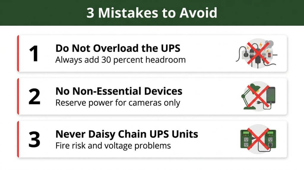 Infographic detailing 3 UPS installation mistakes to avoid: overloading the unit, connecting non-essential devices, and daisy-chaining UPS systems.