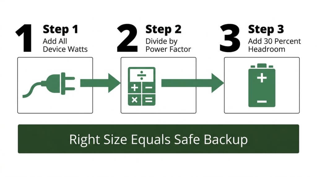 A 3-step infographic explaining how to calculate the correct UPS size, showing steps to add device watts, divide by power factor, and add 30 percent headroom for a safe battery backup.