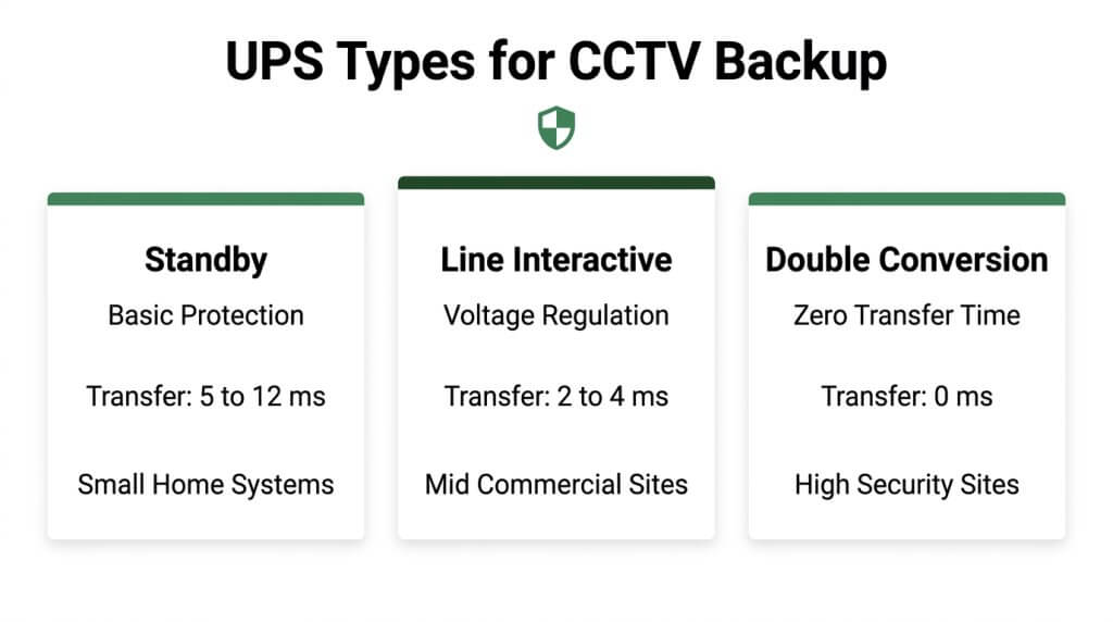 Infographic comparing three types of UPS for CCTV backup—Standby, Line Interactive, and Double Conversion—detailing their transfer times and security system applications.