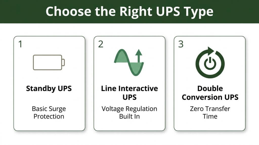An infographic comparing three types of uninterruptible power supplies: Standby UPS with basic surge protection, Line Interactive UPS with built-in voltage regulation, and Double Conversion UPS with zero transfer time.