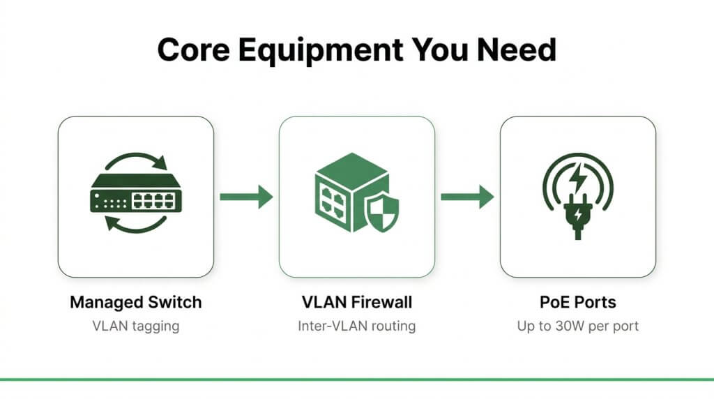 Infographic illustrating core network equipment requirements for a VLAN setup, highlighting a Managed Switch, a VLAN Firewall, and PoE Ports.