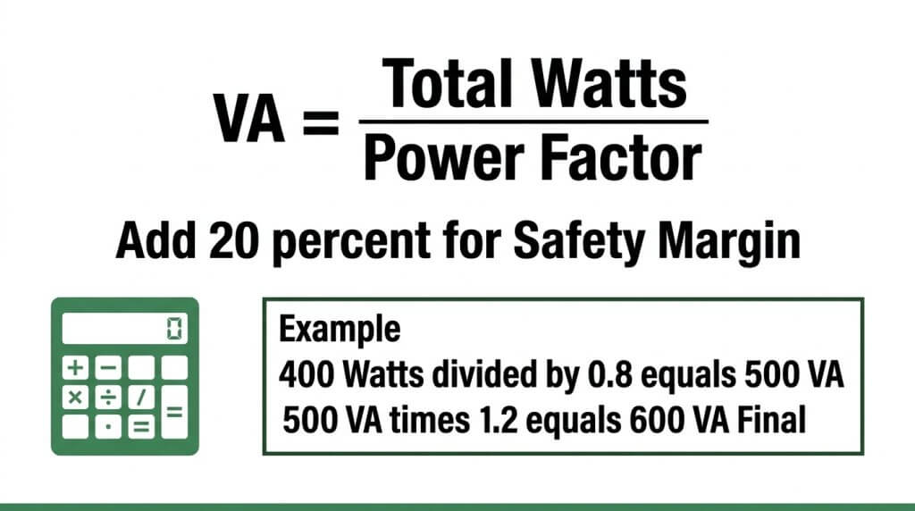 Watts to VA conversion formula chart for UPS sizing, demonstrating how to calculate Volt-Amps from Total Watts and Power Factor with a 20 percent safety margin example.
