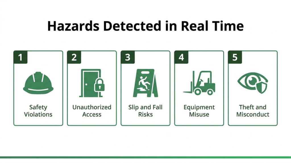 Infographic outlining 5 workplace hazards detected in real time: Safety Violations, Unauthorized Access, Slip and Fall Risks, Equipment Misuse, and Theft and Misconduct.