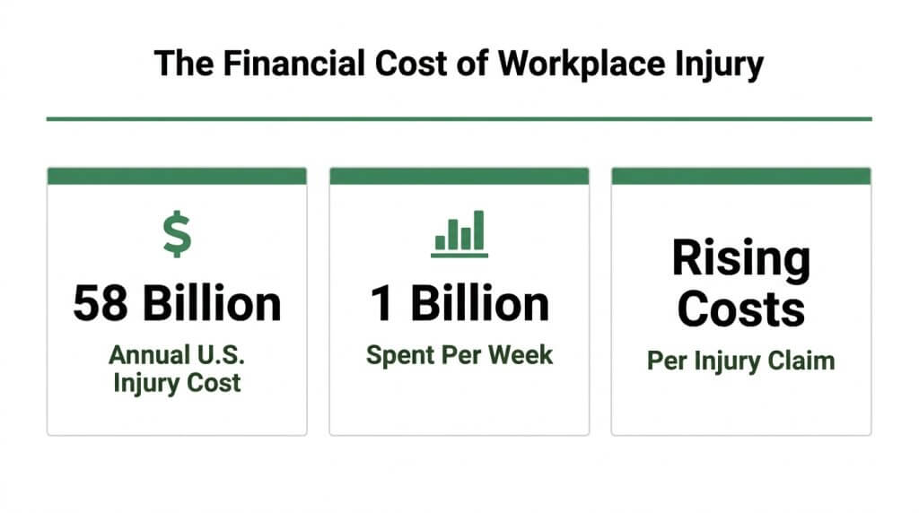 Infographic displaying the financial cost of workplace injury, highlighting a 58 billion dollar annual U.S. injury cost, 1 billion dollars spent per week, and rising costs per injury claim.
